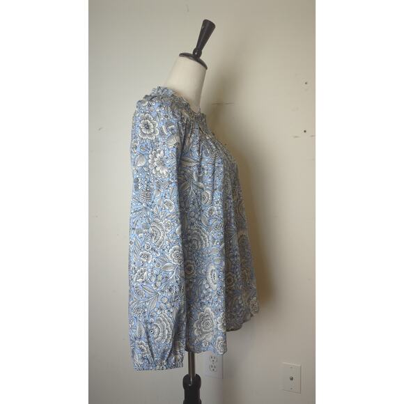Blue Floral Smocked Neck Peasant Blouse  Boho Cottagecore Long Sleeve Top - Picture 5 of 8